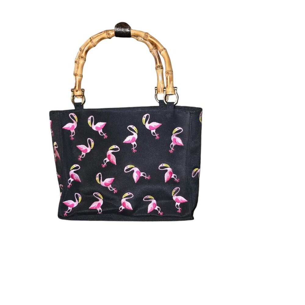 Swee Lo New York Flamingo Handbag Canvas With Bamboo Handles
